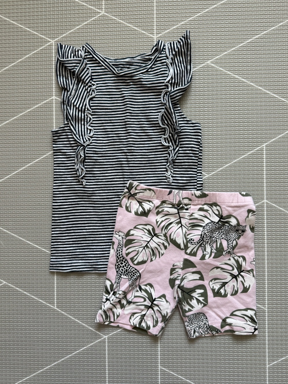 Okie Dokie|Baby Girl/toddler set,Striped Ruffle Tank & Jungle Print biker shorts